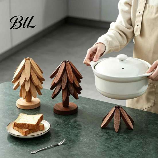 Heat Resistant Trivet for Kitchen Collapsible Wooden Trivets Hot Dishes, Christmas Tree Shaped Pot Mat Table, Wood Unique Gift Mom Holder Set