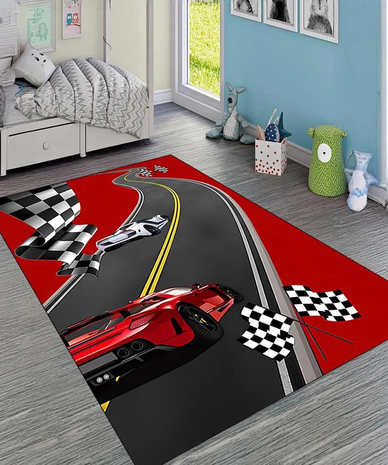 Tappeto Tappetino Tappeto Pista da Corsa per Bambini Design Curva 3D con Macchina da Corsa Bandiera a Scacchi Decorazione per la Casa Tappeti per Camera da Letto