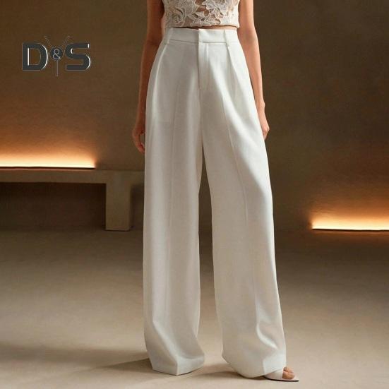 Women Pants High Waist Button Zipper Closure Straight Wide Leg Long Trousers with Pockets Solid Color Commuting Style Pants