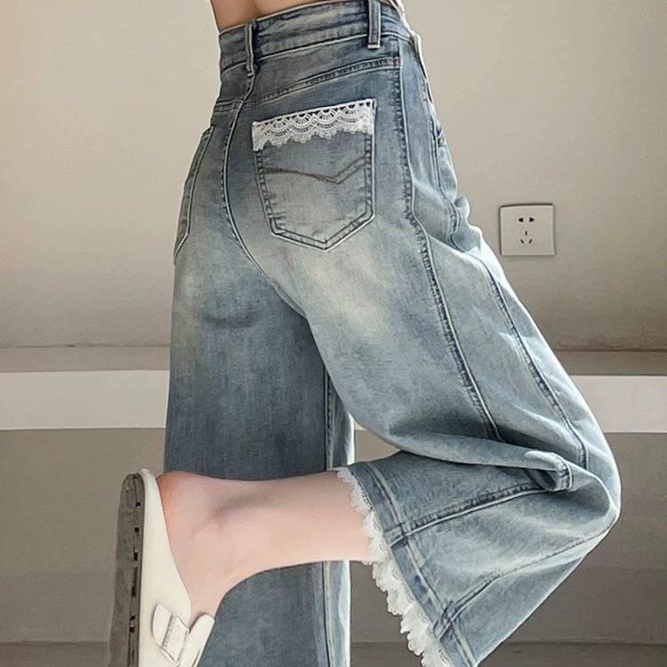 Women's Retro Lace Trim Wide-Leg Jeans 2026 Summer Collection