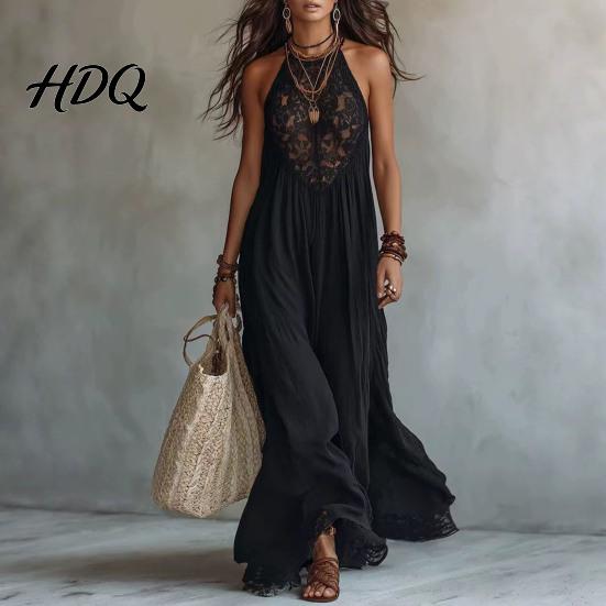 Boho Chic Clothing Women's Sheer Lace Halter Maxi Dress Sleeveless Floral Beach