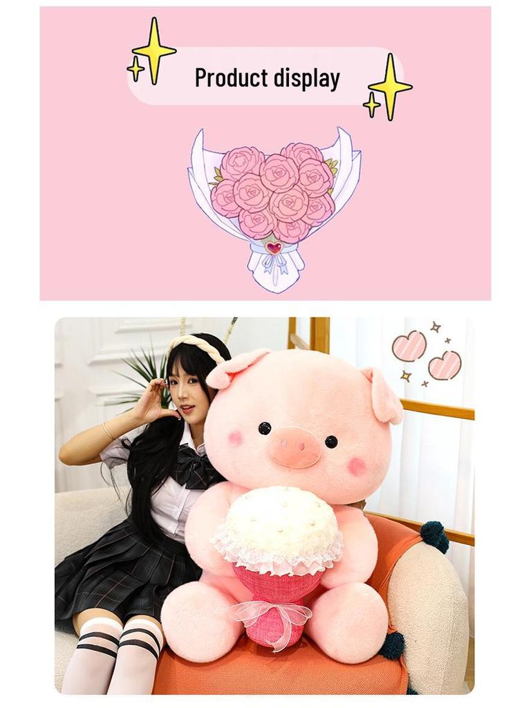 Large Plush Pig Doll - Cute Stuffed Animal Gift for Girlfriend, Valentine's Day, or Birthday - Pig Holding a Flower