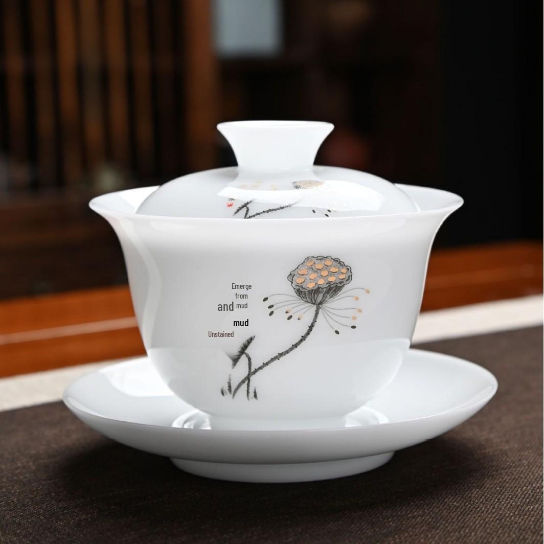 Sheep Fat Jade Porcelain Three-Talent Gaiwan Tea Set - Ceramic Kung Fu Brewing Cup Gift