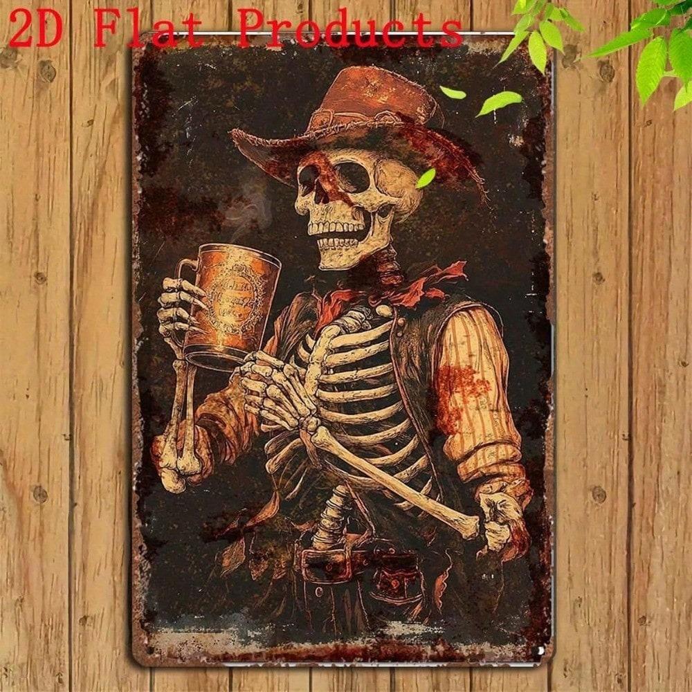 Vintage Western Cowboy Skeleton Tin Metal Sign Wall Art Decor 8x12 Inches Man Cave Garage Bar Gift