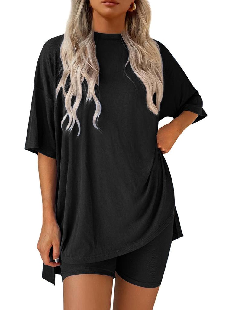 2026 Euro-American Casual Solid Color Loose-Fit Short-Sleeved Top & Shorts Two-Piece Sports Set