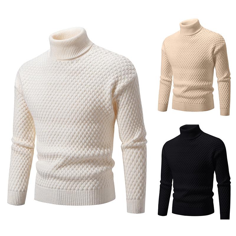 Men's Fashion Corn Grain Plaid Turtleneck Sweater Knitted Sweater Men's Warm Thread