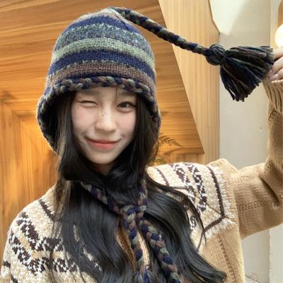 Autumn and Winter Retro Hand-knitted Braided Wool Hat Women's Velvet Warm Versatile Bag Head Ear Protection Hat