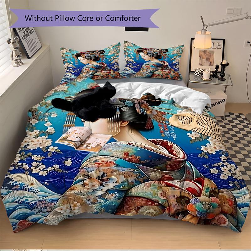 3pcs Anime Kimono Geisha Comforter Set with One Quilt Cover and Two Pillowcases (No Core) - Home Decor, Festival Gift, Polyester Fabric, Anime Cartoon