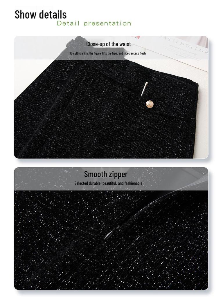 Women's Black Wool A-line Midi Skirt with Irregular Hem for Autumn/Winter 2024