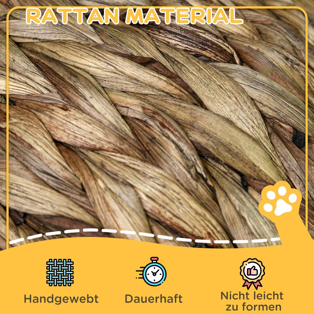 Woven Banana Leaf Elevated Cat Bed Wicker Kitten Basket Pet Den. House Cosy Cave with Soft Cushion Dome 40x37x51cm Grey