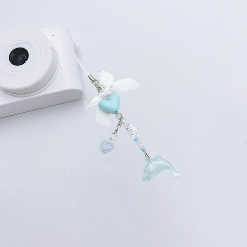 Stylish Dolphin Heart Bowknoty Phone Chain Trendy Dolphin Love Heart Bowknot Resin Pendant for Phone Camera Bag Ornament