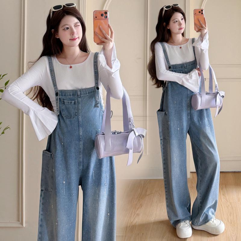 2026 Spring Rhinestone Adjustable Maternity Denim Overalls & Flare Sleeve Set XL