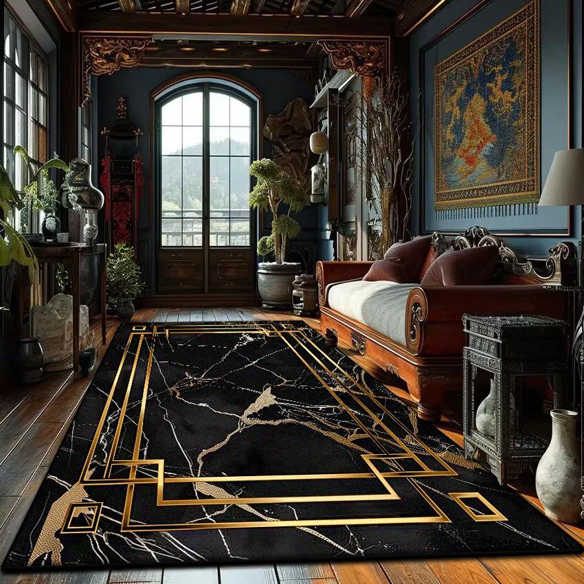 Modern Golden Frame Marble Carpet Luxury Lounge Rug Large Area Living Room Sofa Decoration Rug Bedroom Decor Bedside Floor Mat