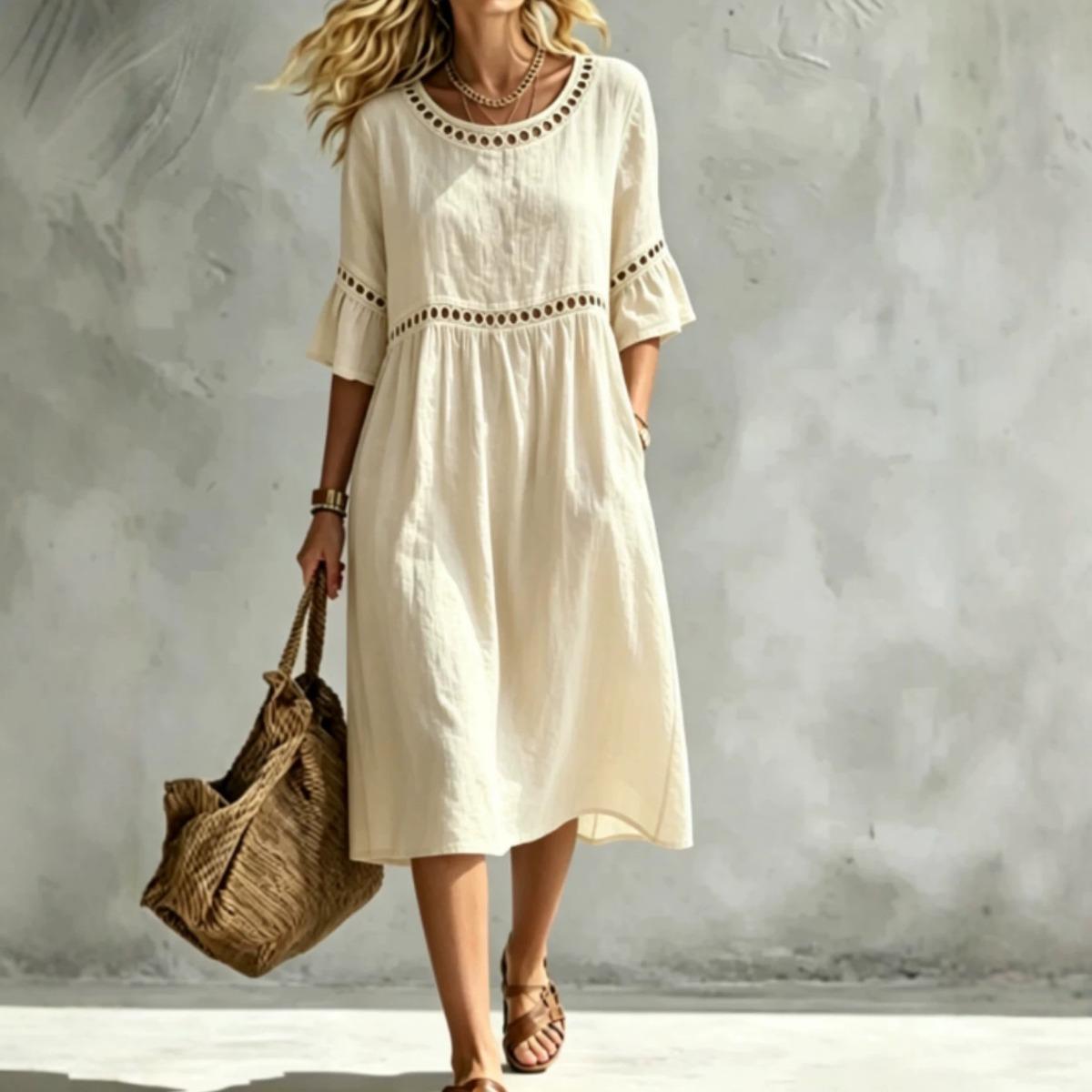Summer Women s Plus Size Loose Cotton Linen Hollow Out Casual Dress, European American Crossbody Style S слоновая кость