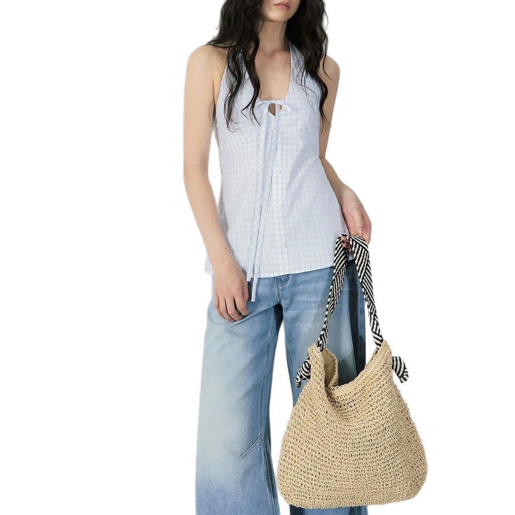 AFFFREEDOM Slack Summer Ice Blue V-Neck Lace-Up Checkered Sleeveless Vest Top Short Skirt Set Women