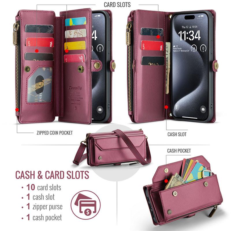Capa de Celular de Couro Flip com Cordão Longo para iPhone 17 Pro Max Air 16E 16 Plus 15 14 13 12 11 X XS XR SE 2022 8 Carteira com Zíper Porta Multi Cartões Capa