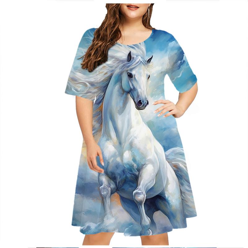 Grassland Running Animals Horse Dresses For Women Clothes Oversized Summer Casual Short Sleeve Print Dress Loose Plus Size Dress