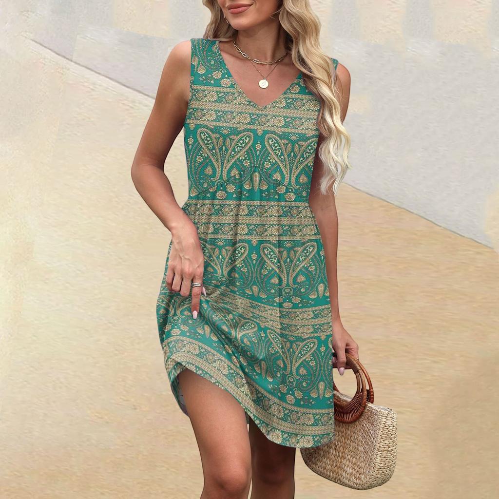 Women's Summer V-neck Casual Beach Vacation Style Vintage Print Sleeveless Splicing Dresses