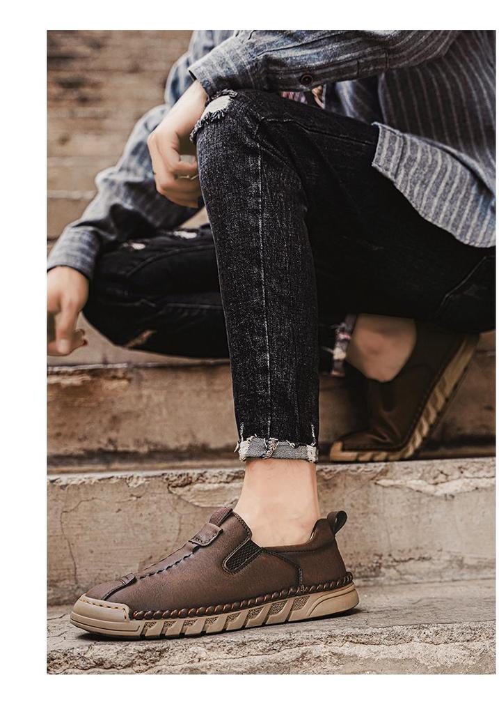 Men's Hand-stitched Leather Slip-on Shoes: Casual, Large Size, Soft Sole for Driving & Outdoor