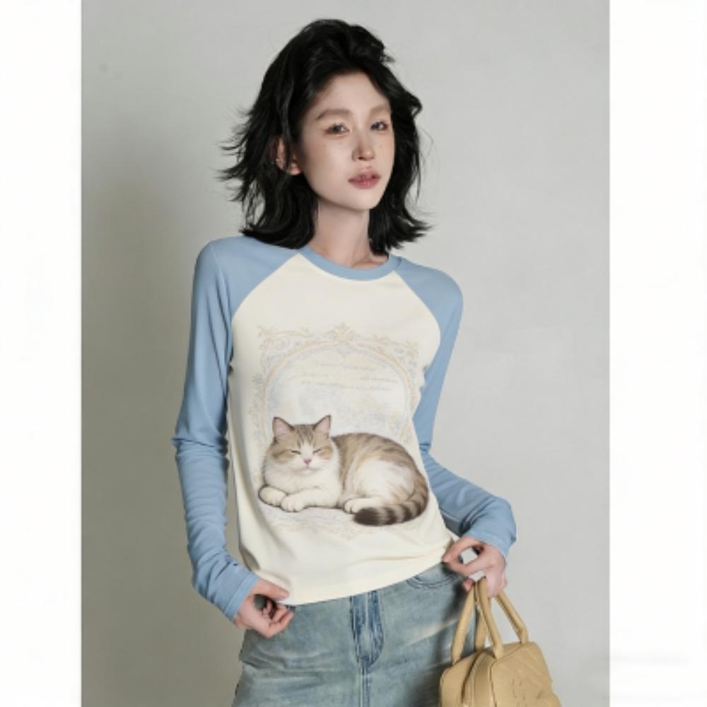 Europe America Fashion Cat Print Women's T-shirt Casual Pullover Women Long Sleeve Clothing Outdoor Street Tees Top