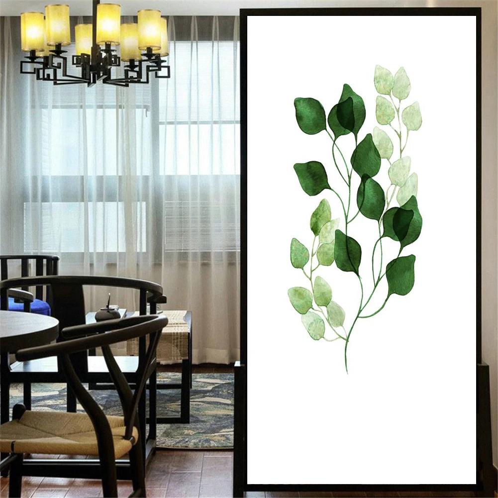 Static Cling Privacy Windows Film Decorative Green Plants Leaves Stained Glass Window Stickers Frosted Window Film