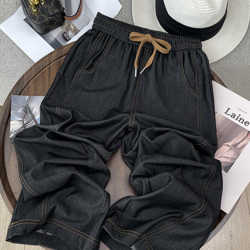 

Тенсел Имитация Джинсов Женские Летние Новые Весенне-Летние С Высокой Посадкой Свободные Тонкие Большого Размера Для Невысоких Широкие Брюки 5XL чёрный