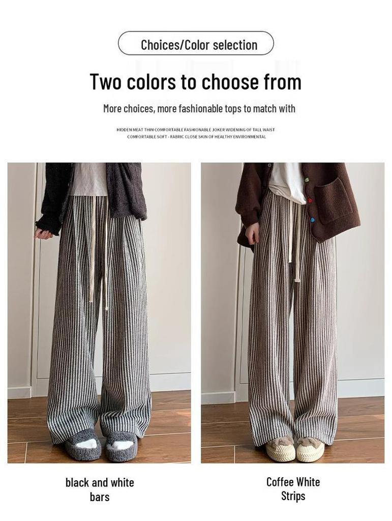 Women's High-Waist Black & White Striped Wool Wide-Leg Pants - Petite 150, Autumn/Winter Collection
