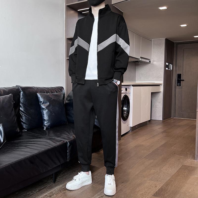 

Весенний новый повседневный мужской костюм контрастного цвета с воротником-стойкой, комплект из двух предметов, спортивный молодежный корейский вариант, свободный 4XL