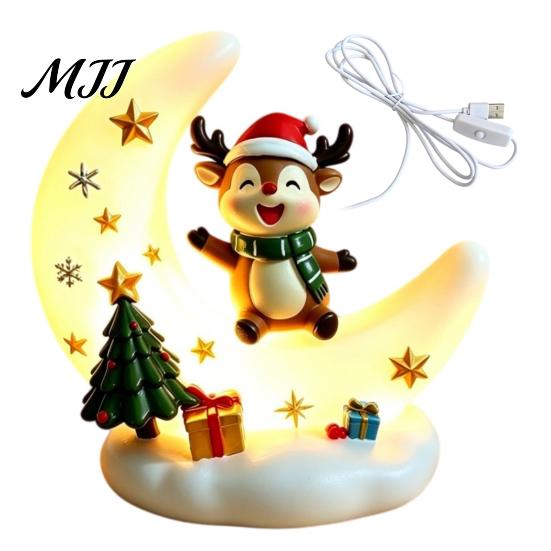 Elk Figurine Ornament Christmas Moon Night Light with Santa Claus, Resin Decoration Warm LED Ornaments Glow, Holiday Tabletop for Home