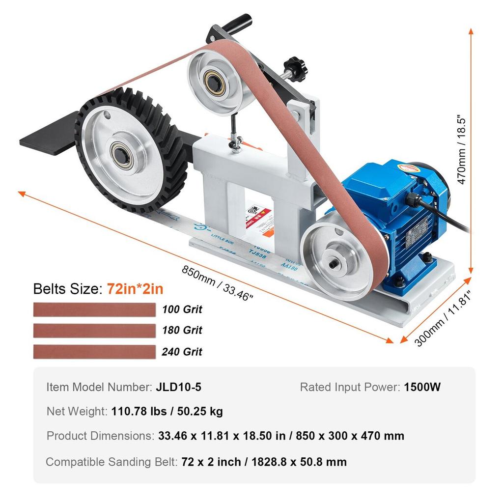 Belt Grinder Sander 72 X 2-Inch Variable Speed with VFD 3 Grinding Moulds