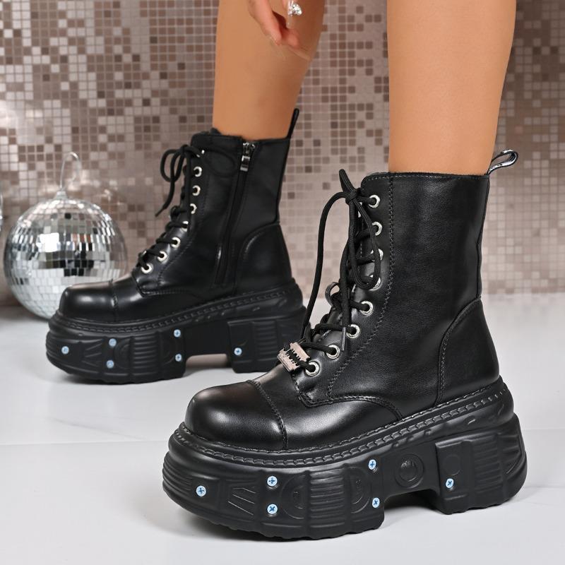 

Studded Platform Wedge Boots Fall New Round Toe Front Lace-Up Anti-Slip Wear-Resistant Short-Tube Boots 35 чёрный