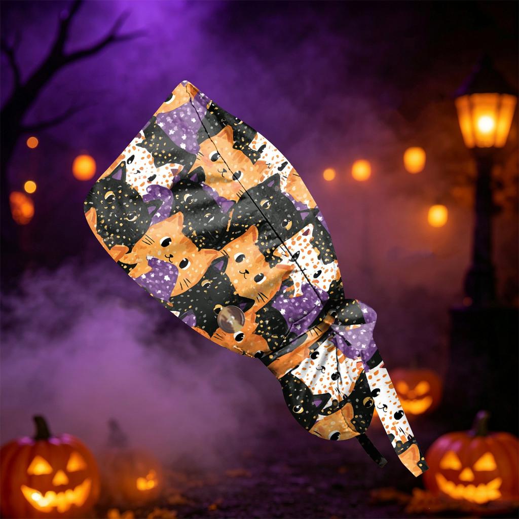 Cappello da Lavoro/Doccia/Scrub con Stampa di Halloween per Capelli a Coda - Multiuso per