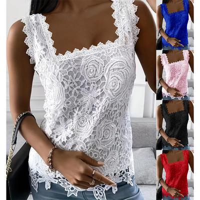 Summer Square Neck Lace Shirt Women Sleeveless Elegant Loose Plus Size Women Blouse Solid Crochet Office Lady Tops Fashion Casual Blouses 881