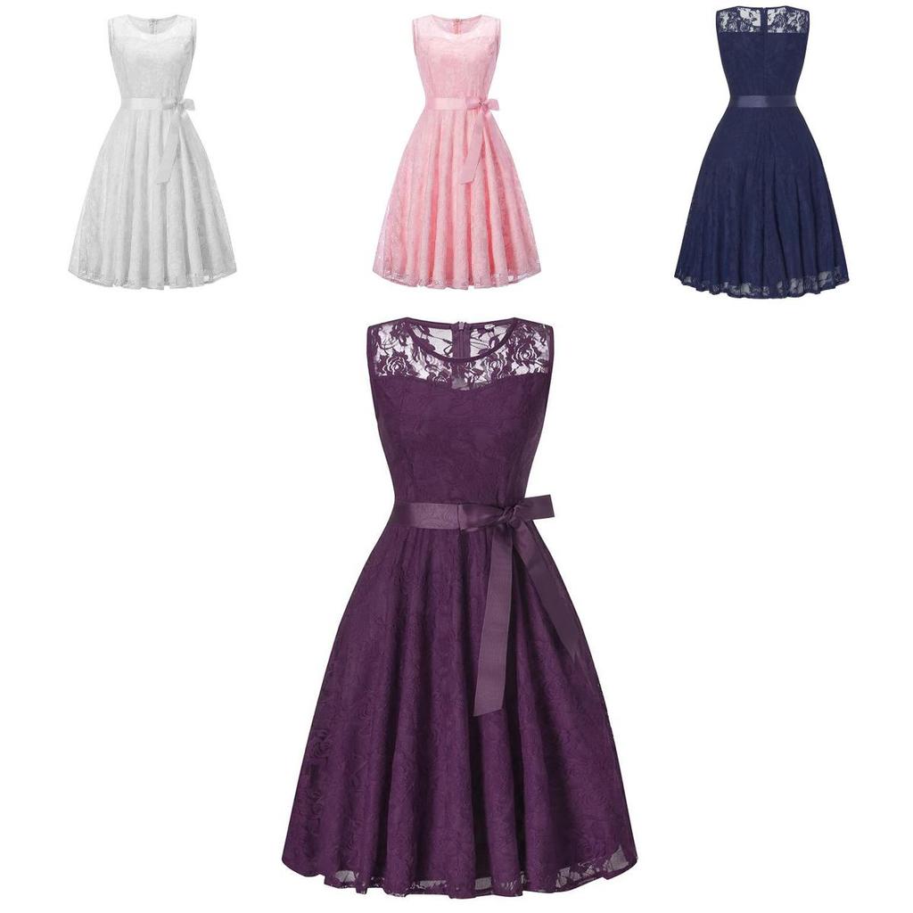 Elegant Round Neck Sleeveless Lace Stitching Retro Dress With A Large Belt And Slim Swing Skirt