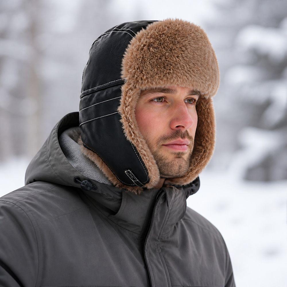 Fastening Chin Strap Trapper Hat Faux Fur Lining Bomber Hat New Earflap Hat  Cycling