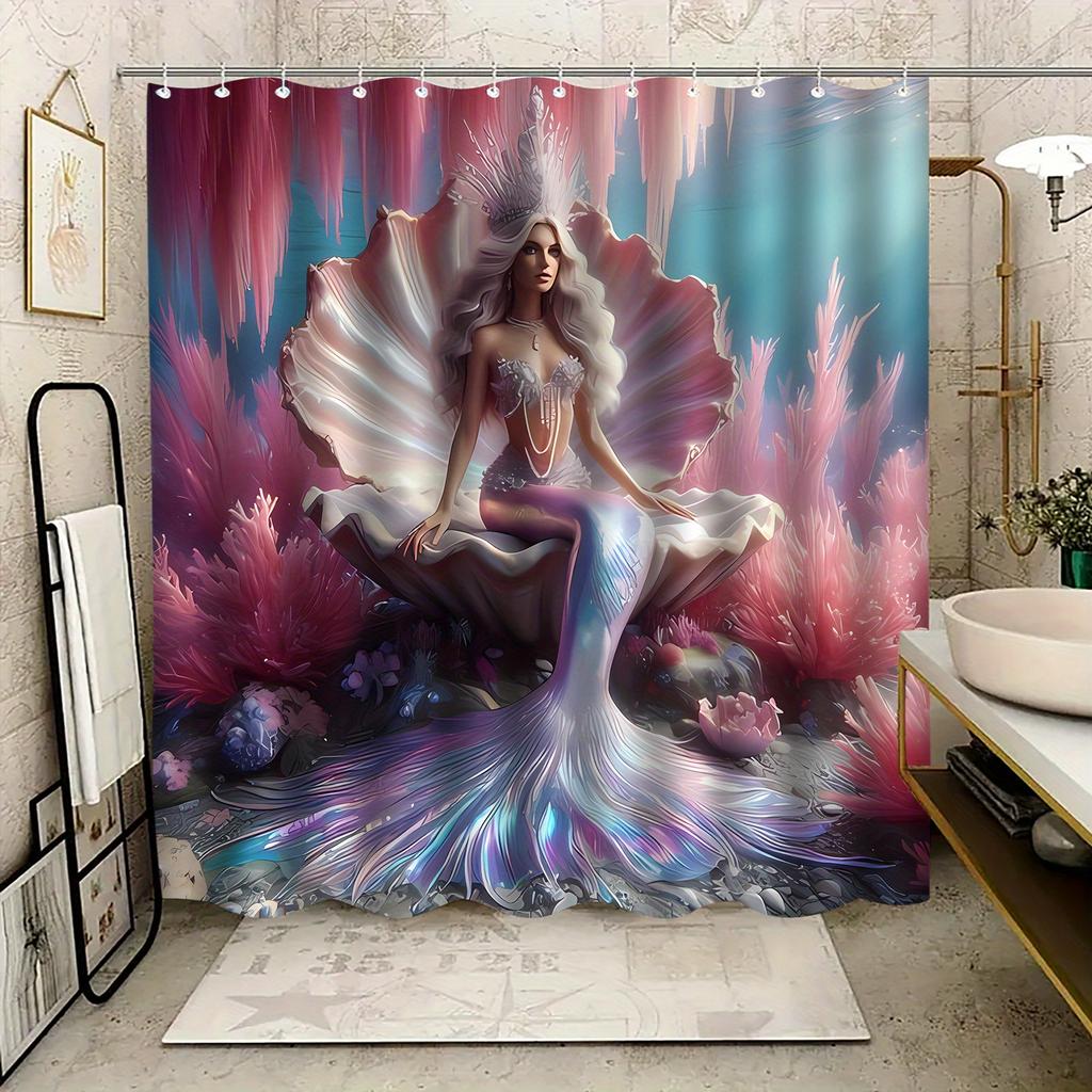 Mermaid Shower Curtain Fantasy Sea Princess Art Shell Throne Design Magical Ocean Decor Waterproof Printed Bath Curtain Home
