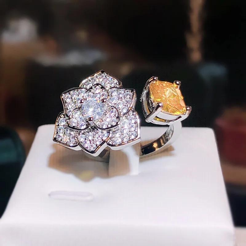Sparkling Golden Zircon Flower Wedding Open Ring Silver Color White Gold Plated Anti Allergic for Women