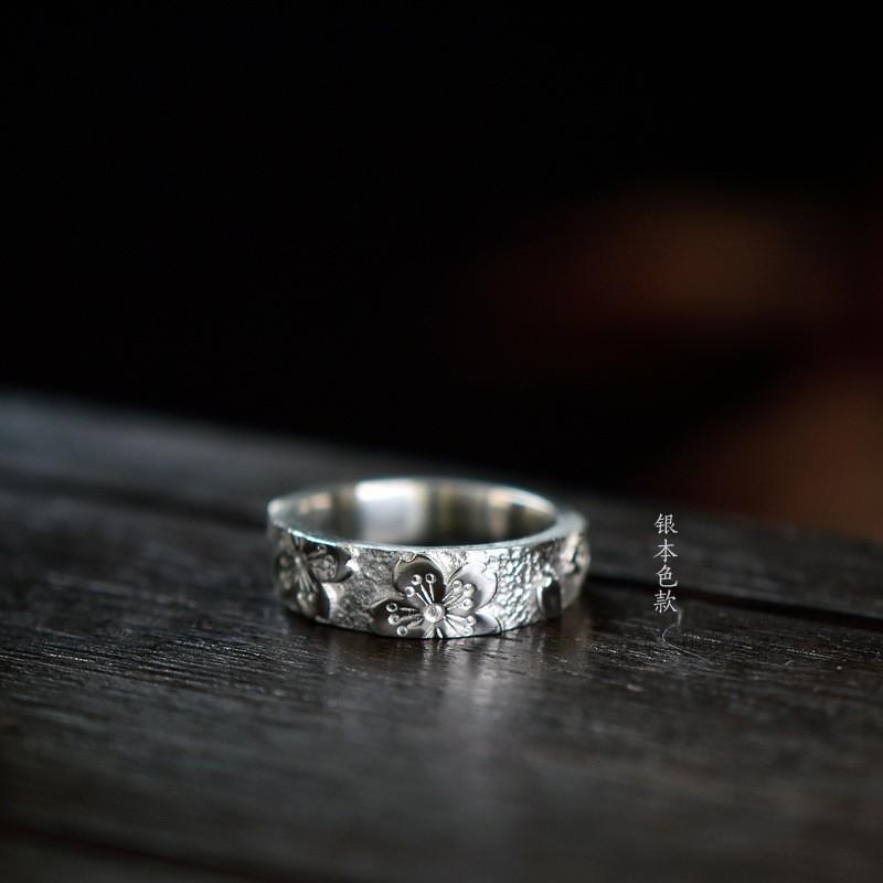 Handcrafted Cherry Blossom Engraved Adjustable Ring Women Men Vintage Boho Floral Open Band Sterling