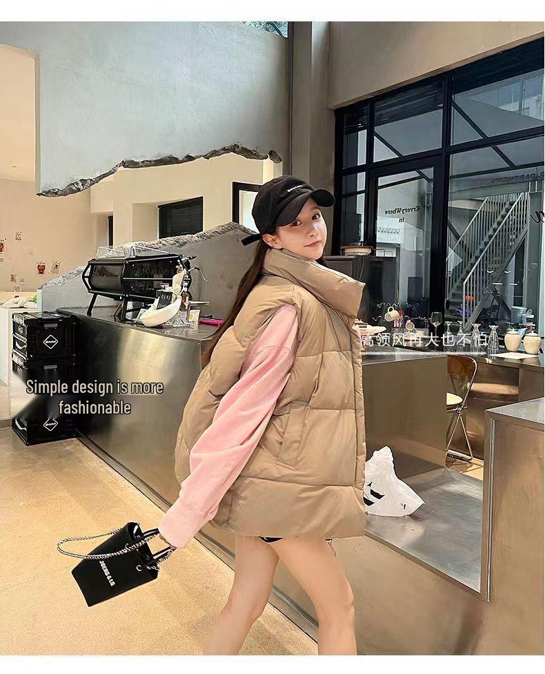 Women's Spring/Fall 2025 Korean Loose Fit Cotton Vest with Stand-Up Collar and Shoulder Pads