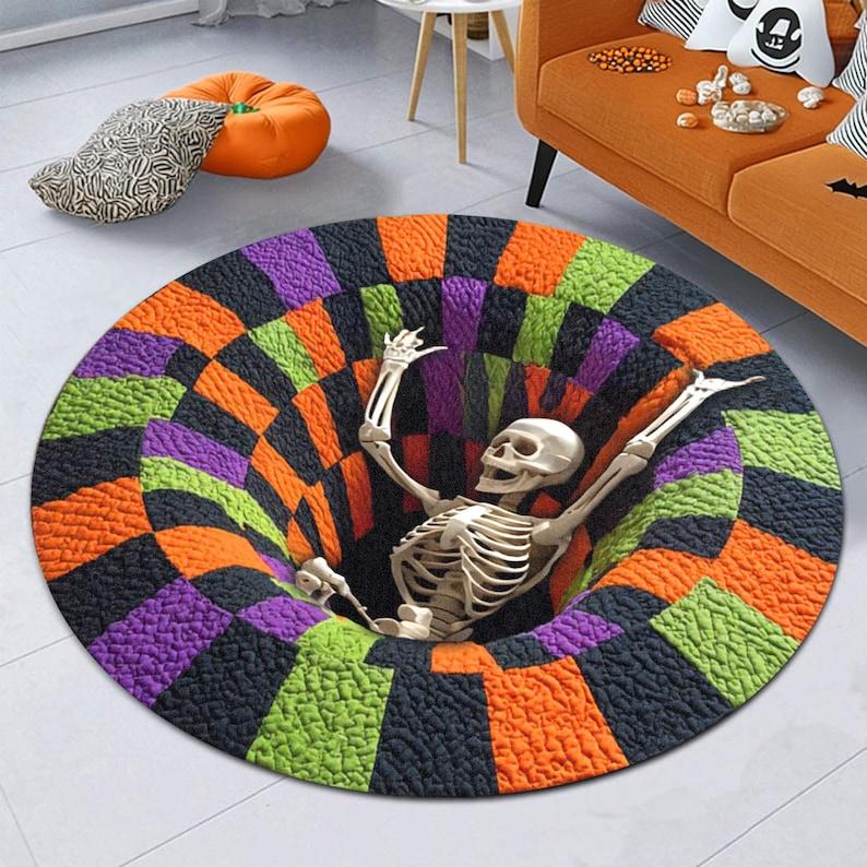 

Printed 3d effect Skeleton Halloween Round Rug, Spooky Ghost Welcome Doormat, Creepy Bone Pattern Carpet for Indoor Decor Diameter 100cm
