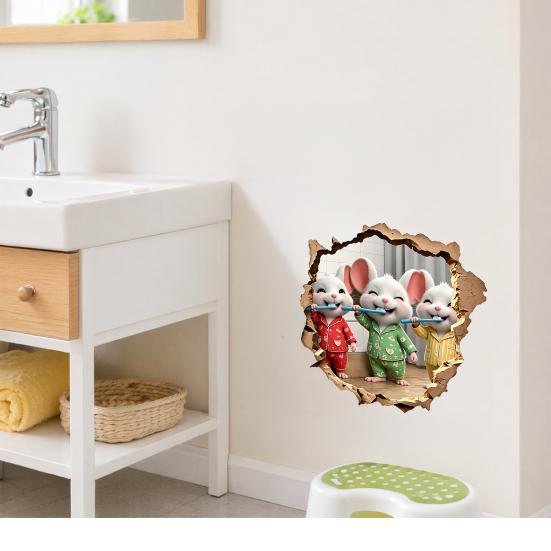 baizihuahu Brushing Teeth Mouse Wall Sticker, 3D Effect Broken Pajama Peel And Stick Cartoon Art Decoration Decal for Home Bathroom