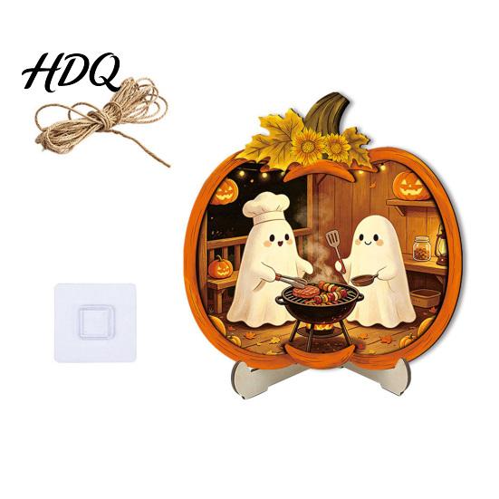 Durable Halloween Decorations Door Sign Glowing Ghost Hanging Decor Wooden LED Window Cool Patterned Ornaments Ornament for Party Spooky