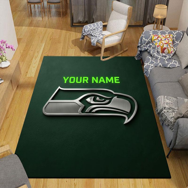 Custom Name,Seattle Seahawks Home Sofa Decoration for Living Room & Bedroom, Non‑Slip Play Flannel Floor Mat for Game Room