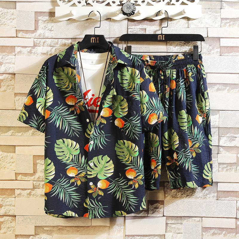 Erkek Set Kısa Kollu Hawaii Gömlek ve Şort Yaz Rahat Çiçek Gömlek Plaj Iki Parçalı Takım Elbise Moda Erkek Setleri