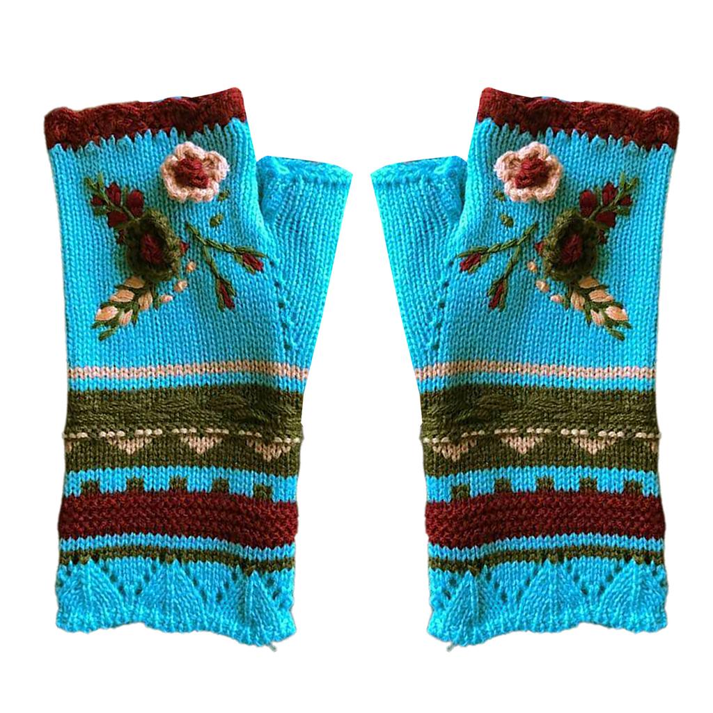 Stylish Half Finger Gloves for Women Knitted Winter Wrist Warmers with Floral Embroidery