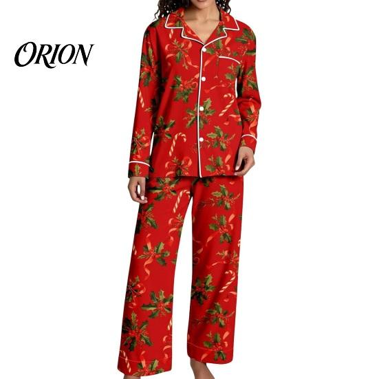 Breathable Pajamas 2Pcs/Set Women Christmas Pajama Set, Long Sleeve Button Down Shirt Soft Loungewear Gift Wide Leg Pants Cute Xmas Print Sleepwear