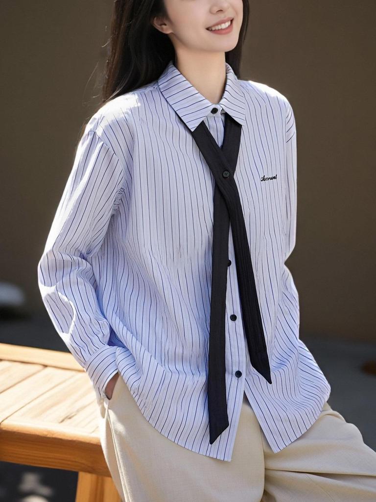 Women's Blue Striped Long Sleeve Shirt: Spring 2026 New Design with Tie Top, Loose and Fashionable.