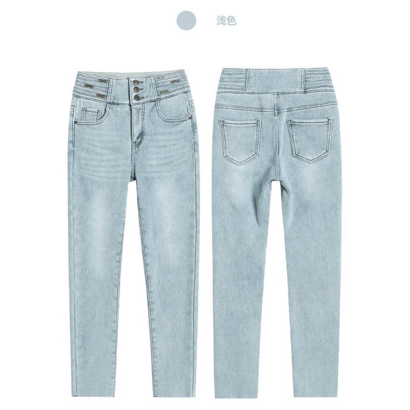High waist breasted jeans women's pants winter new fleece thickened fashion slim-fitting elastic thin burrs pants