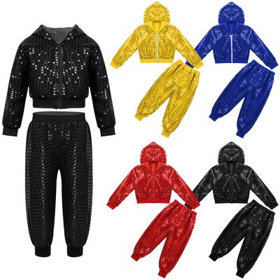 Kids Boy's Girl's Sequins Long Sleeve Hooded Tops with Pants Set for Hip-hop Jazz Performance Costume Street Dance