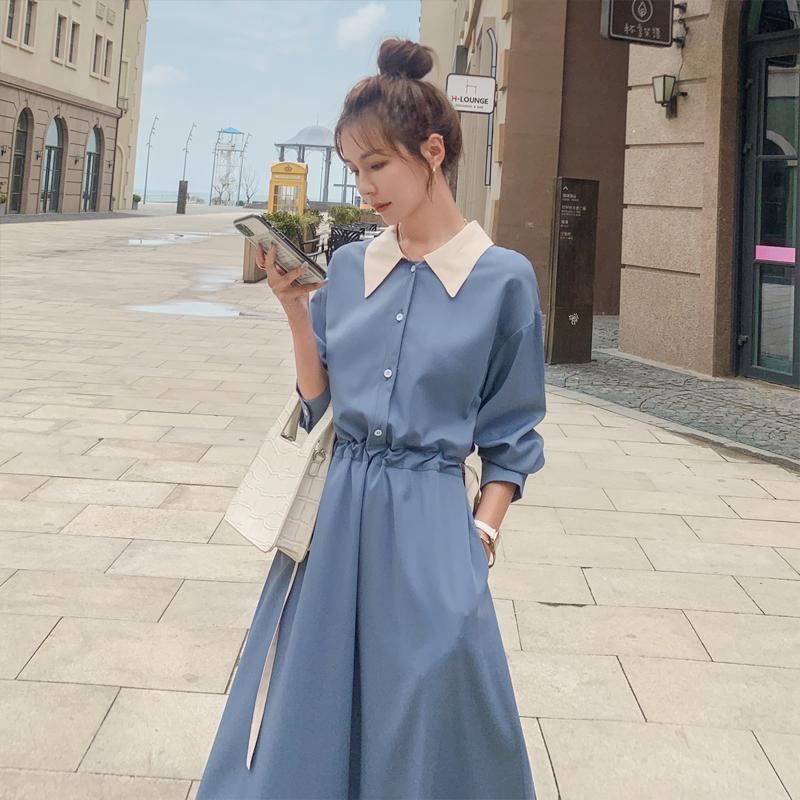 Vestido Camisero Francés Color Block Manga Larga para Mujer Primavera Otoño Entallado Temperamental Juvenil Falda Larga